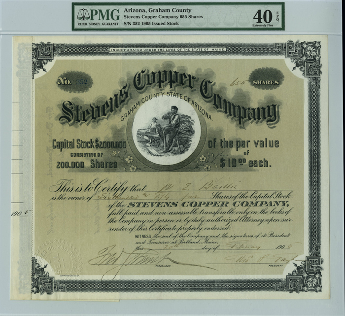 Stevens Copper Company - 1905 dated Arizona Mining Stock Certificate - Graham County, Arizona